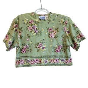 Vintage Samuel Blue Floral Crop Top Cottagecore Prairie USA Size 6 green